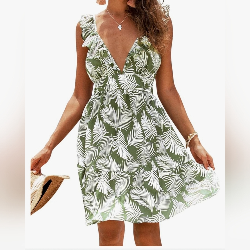 CUPSHE Women's V Neck Leafy Ruffle Trim Dress Above The Knee Length Dress Small